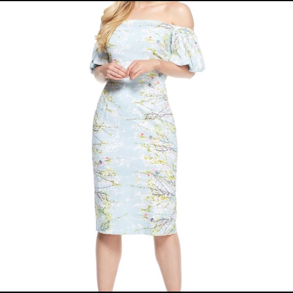 Maggy London sheath off shoulder midi dress